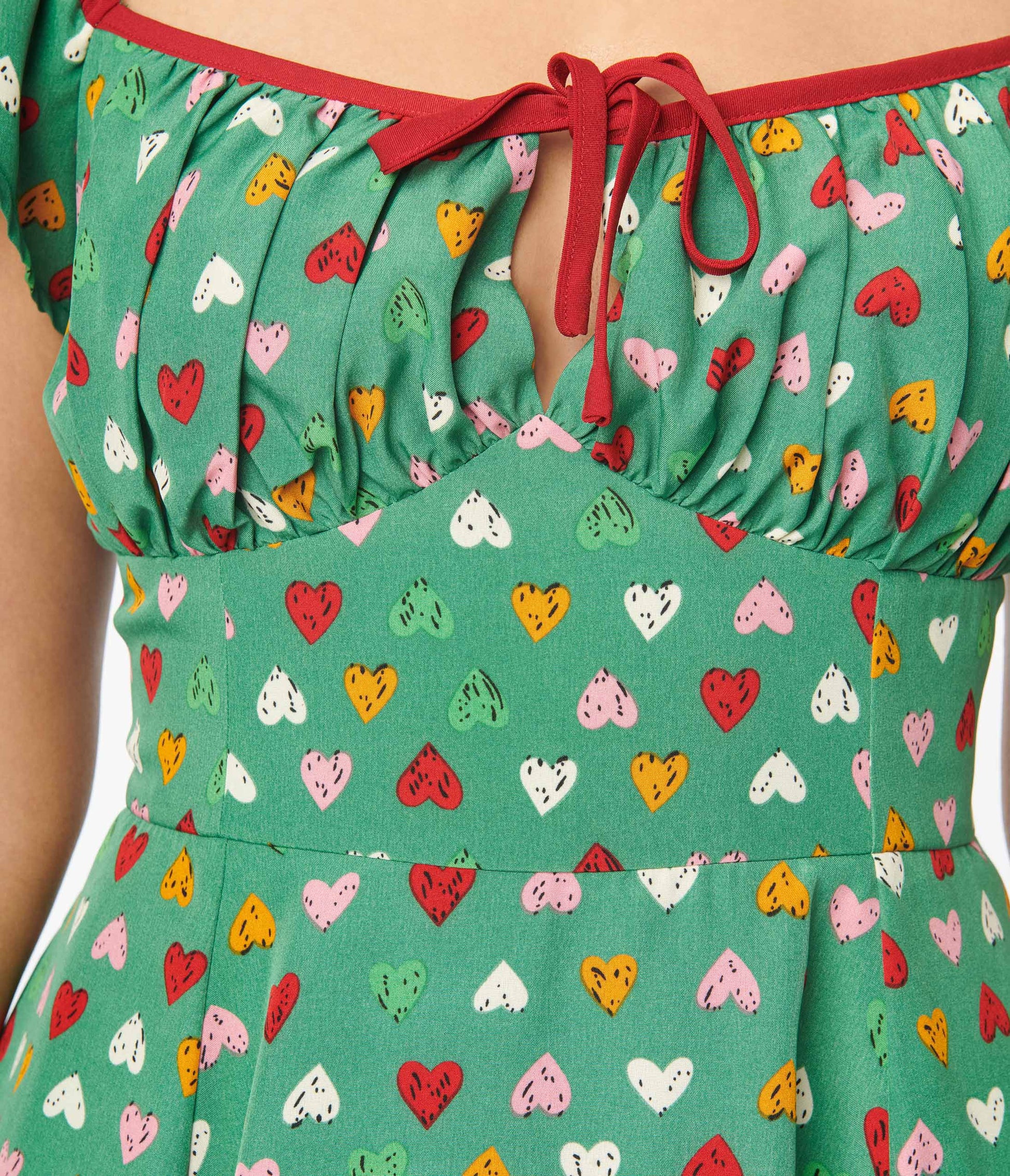 Unique Vintage Green & Multi Heart Print Swing Dress