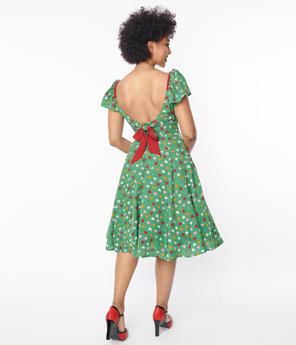 Unique Vintage Green & Multi Heart Print Swing Dress