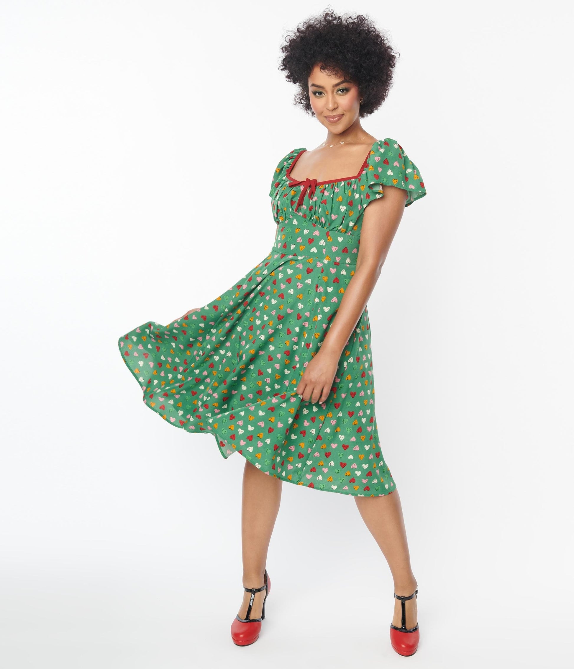 Unique Vintage Green & Multi Heart Print Swing Dress