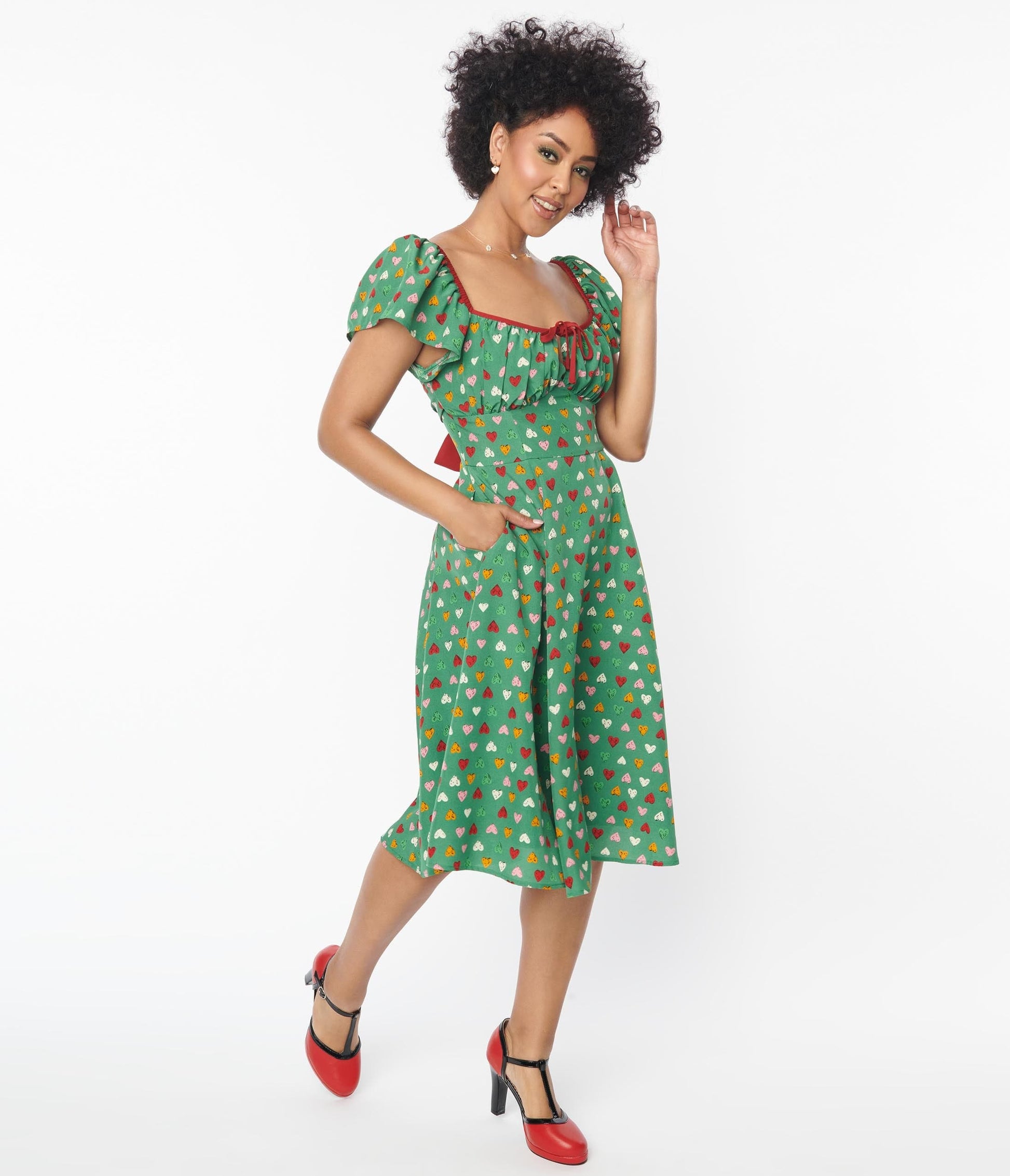 Unique Vintage Green & Multi Heart Print Swing Dress