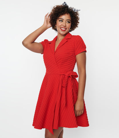 Unique Vintage Red Textured Houndstooth Wrap Dress