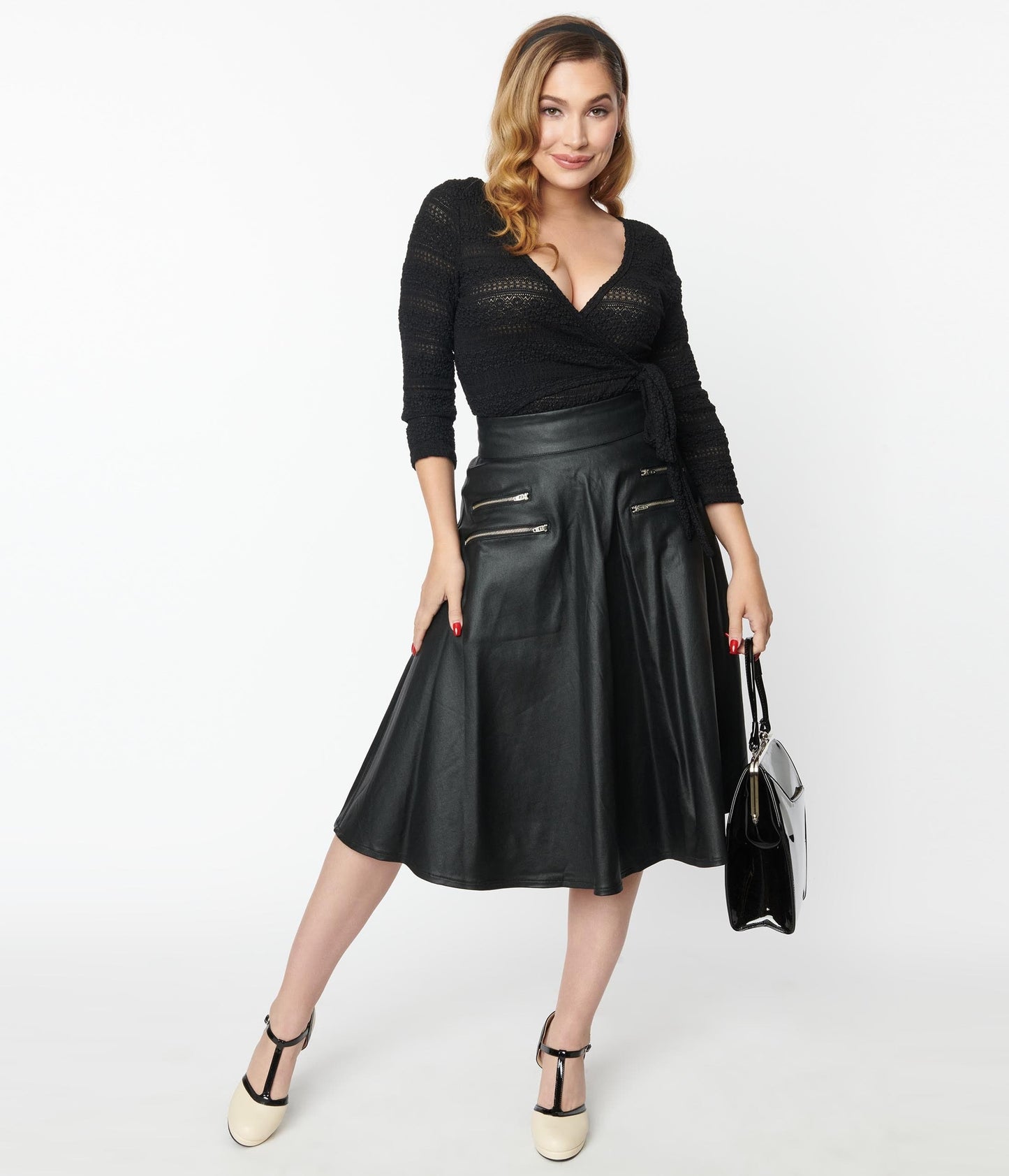 1950s Unique Vintage Black Vegan Leather Vivien Swing Skirt