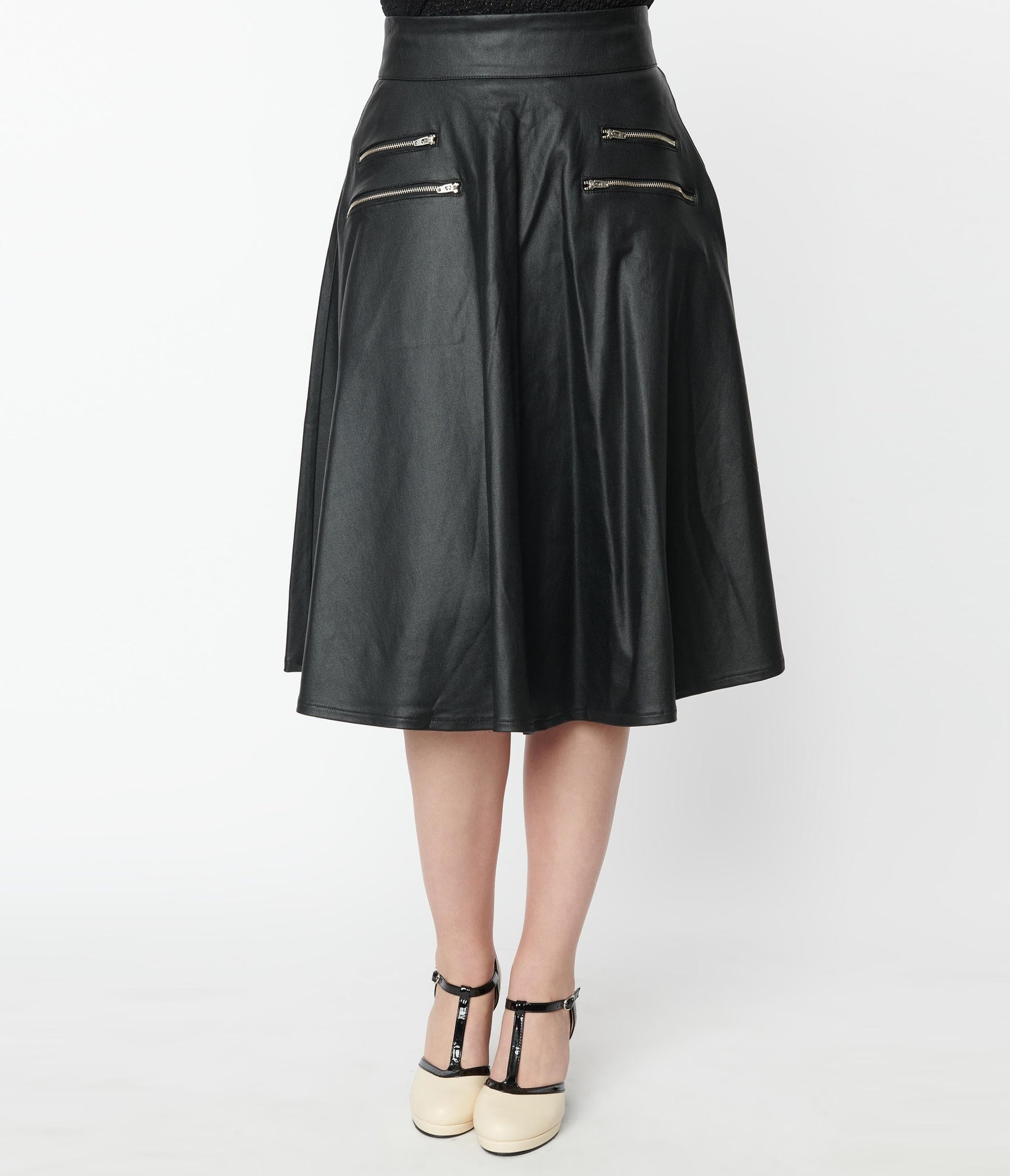 1950s Unique Vintage Black Vegan Leather Vivien Swing Skirt