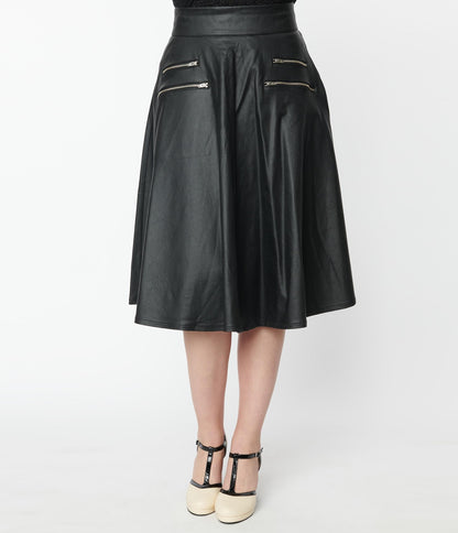 1950s Unique Vintage Black Vegan Leather Vivien Swing Skirt