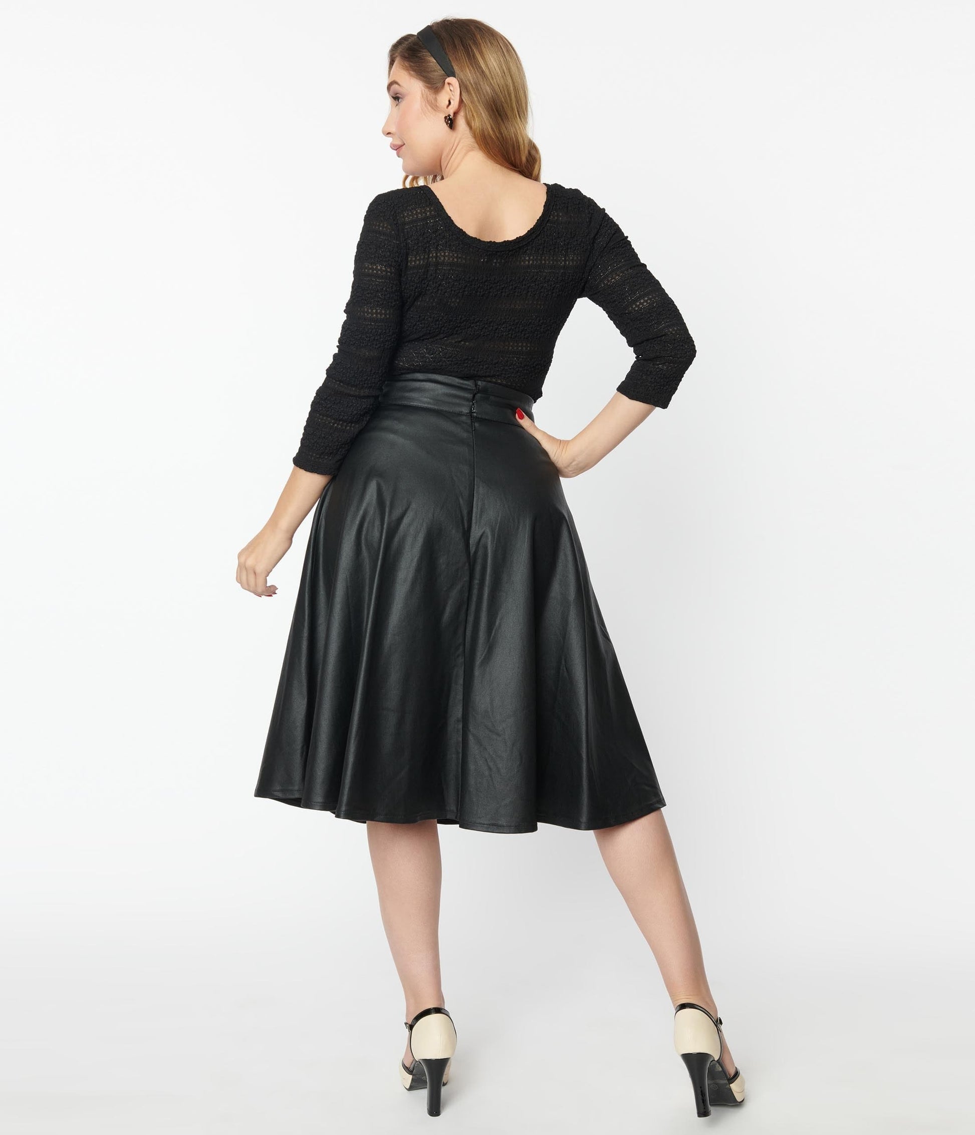 1950s Unique Vintage Black Vegan Leather Vivien Swing Skirt