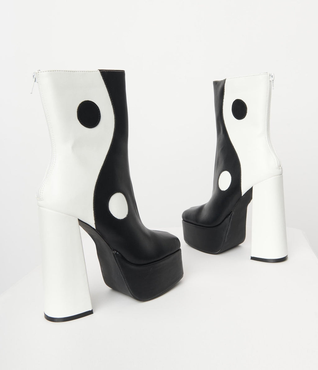 1970s Black & White Yin Yang Platform Boots - Unique Vintage - Womens, SHOES, BOOTS