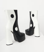 1970s Black & White Yin Yang Platform Boots - Unique Vintage - Womens, SHOES, BOOTS