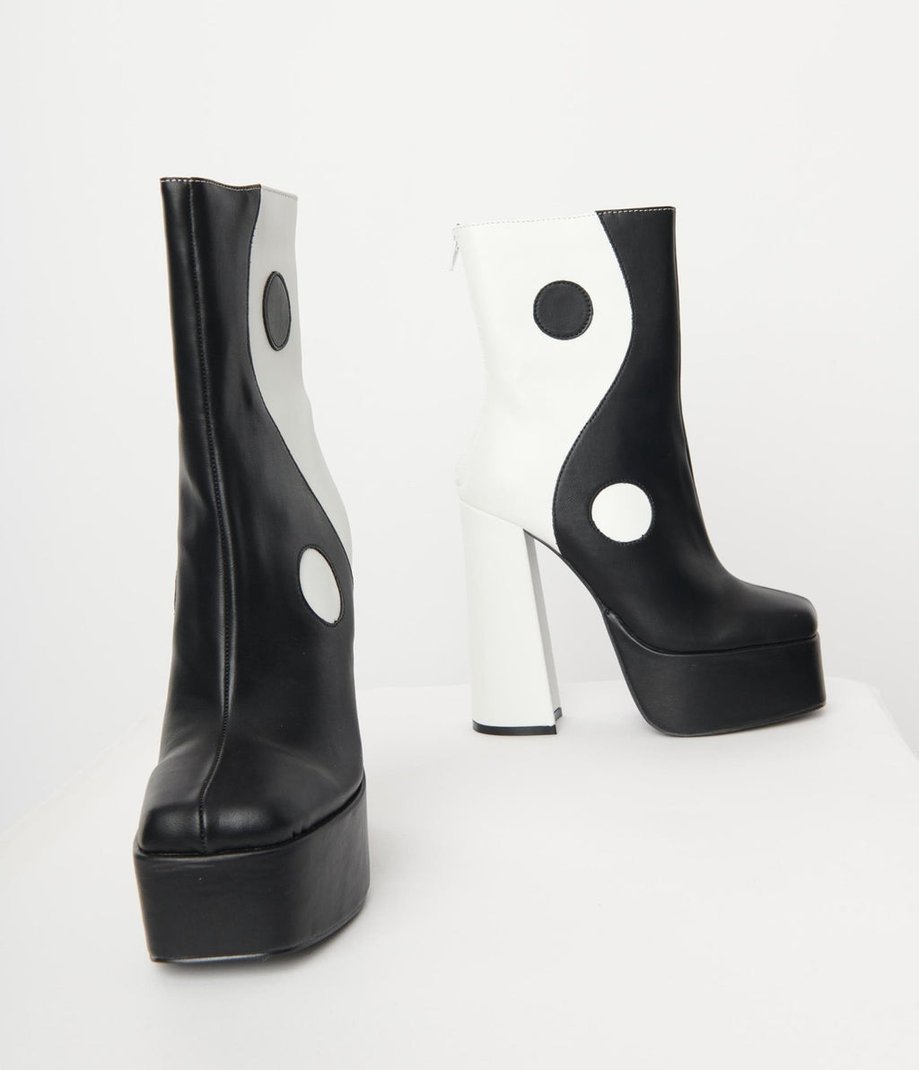 1970s Black & White Yin Yang Platform Boots - Unique Vintage - Womens, SHOES, BOOTS