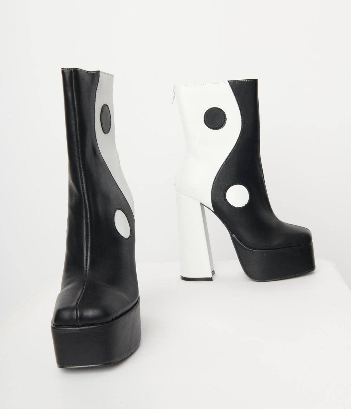 1970s Black & White Yin Yang Platform Boots - Unique Vintage - Womens, SHOES, BOOTS