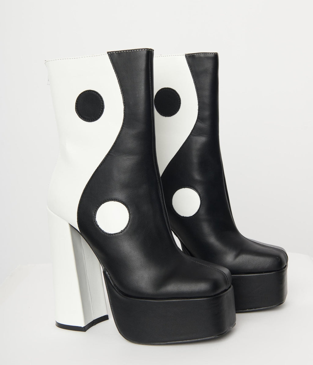 1970s Black & White Yin Yang Platform Boots - Unique Vintage - Womens, SHOES, BOOTS