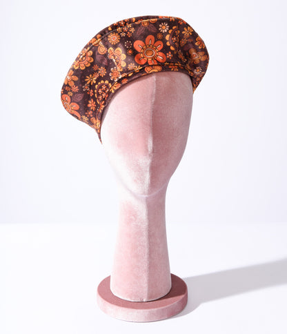 1970s Brown Retro Floral Velvet Beret - Unique Vintage - Womens, ACCESSORIES, HATS