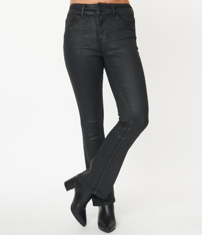1970s Style Black High Rise Flare Jeans - Unique Vintage - Womens, BOTTOMS, JEANS