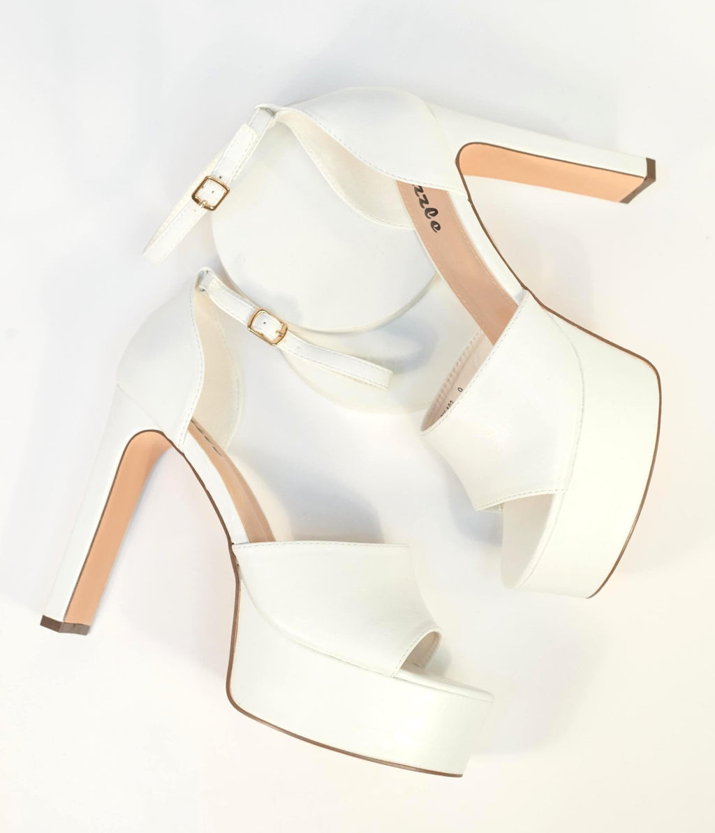 1970s White Peep Toe Platform Heels - Unique Vintage - Heels