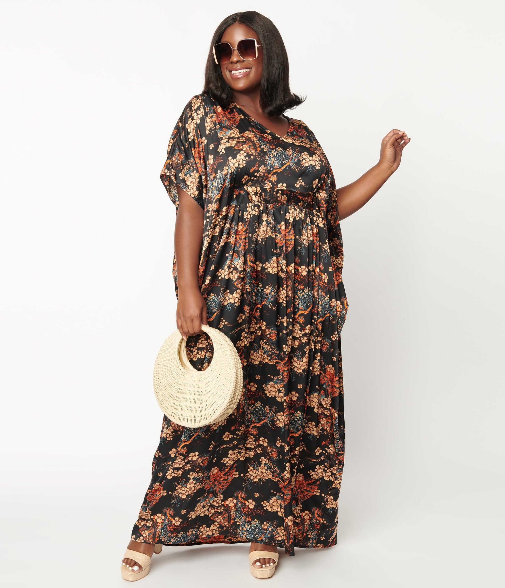 Unique Vintage Black & Beige Floral Burton Caftan Dress