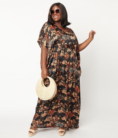 Unique Vintage Black & Beige Floral Burton Caftan Dress