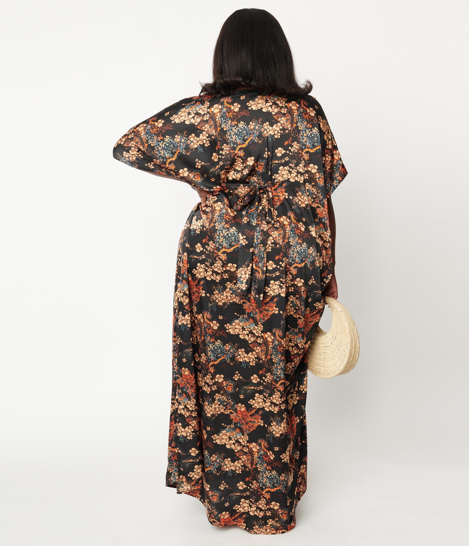 Unique Vintage Black & Beige Floral Burton Caftan Dress