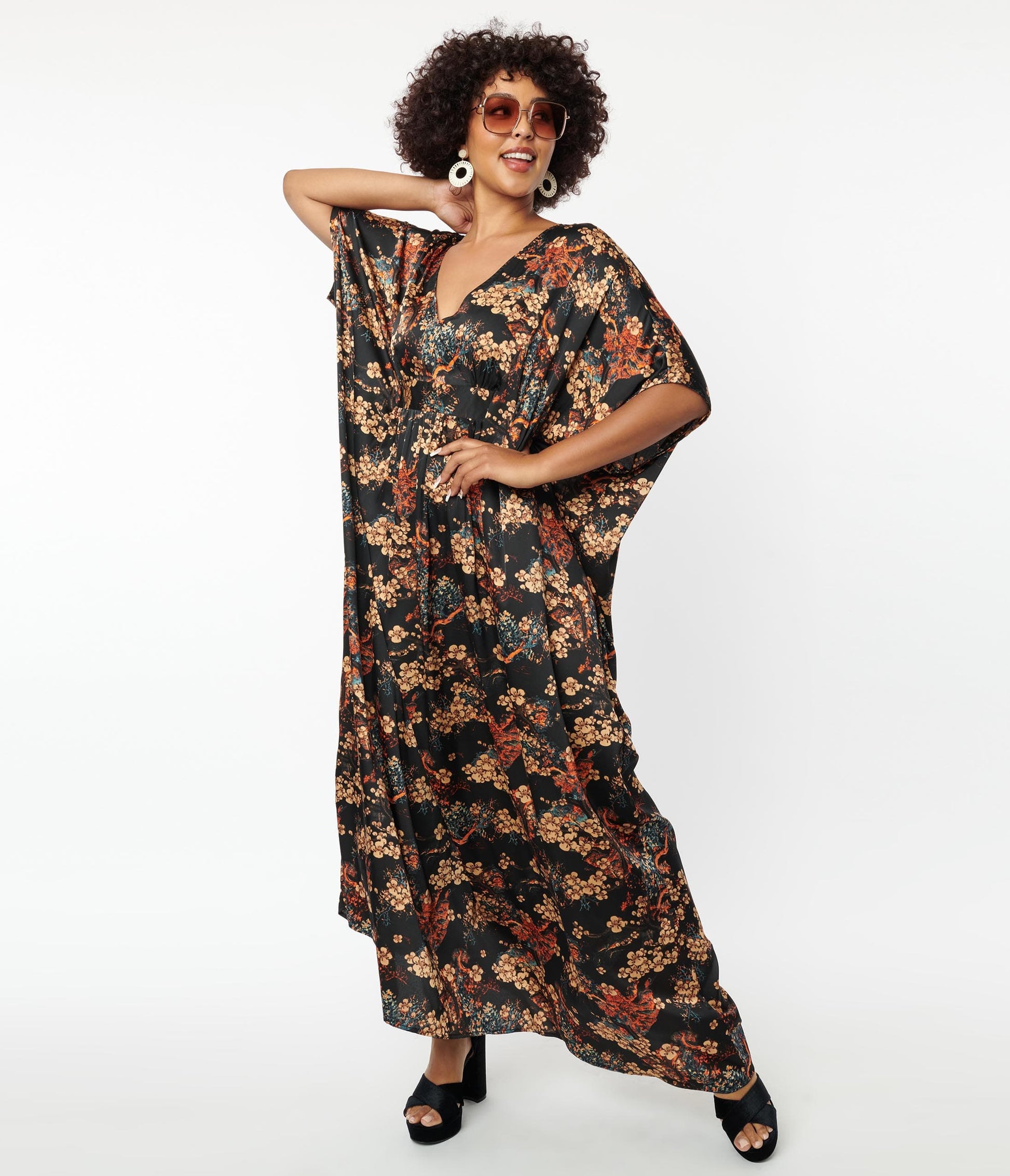 Unique Vintage Black & Beige Floral Burton Caftan Dress