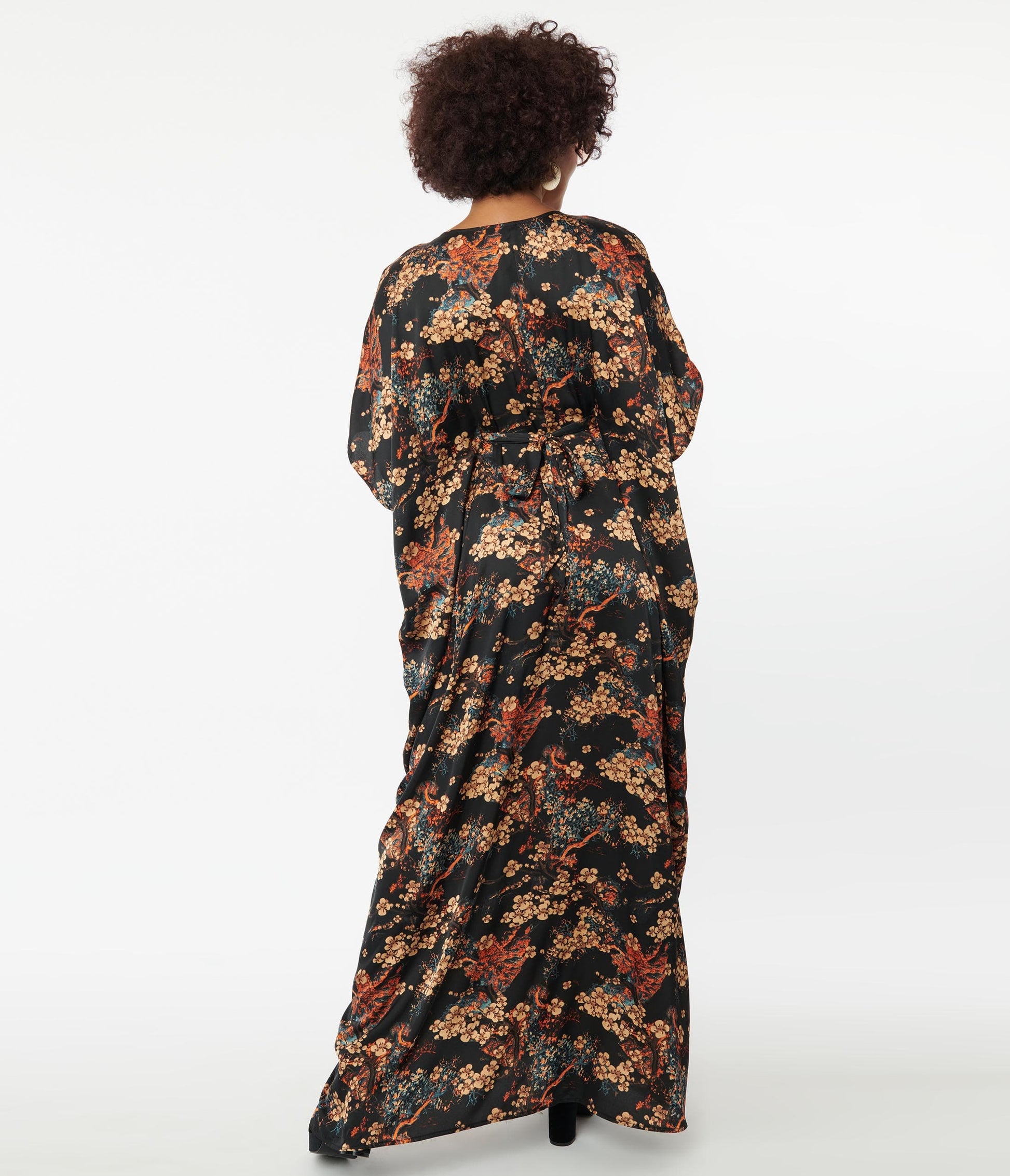 Unique Vintage Black & Beige Floral Burton Caftan Dress