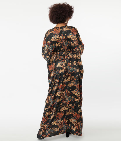 Unique Vintage Black & Beige Floral Burton Caftan Dress
