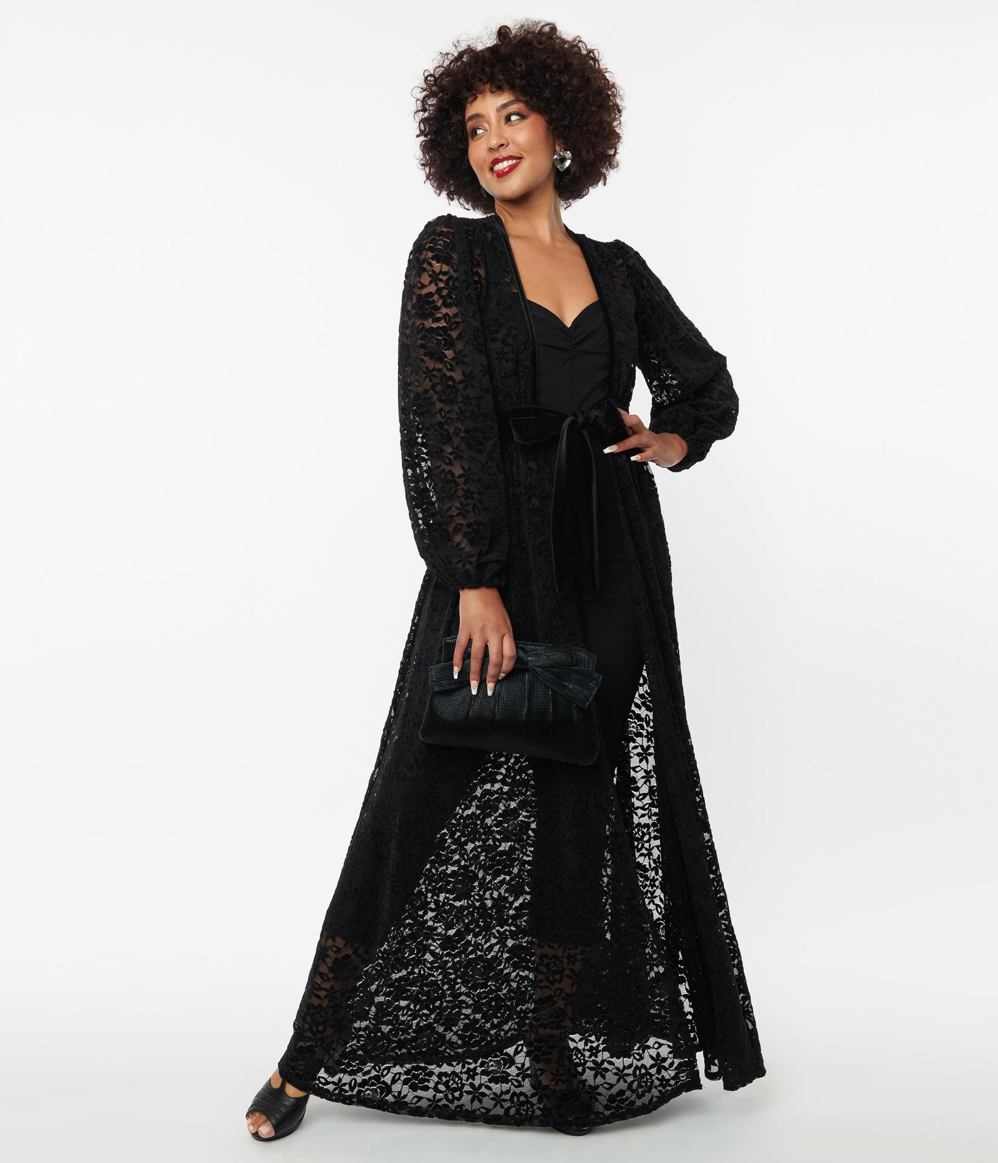 Unique Vintage Black Flocked Lace Hollywood Duster