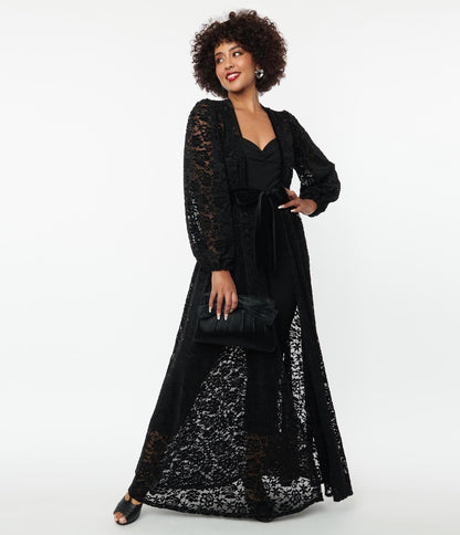 Unique Vintage Black Flocked Lace Hollywood Duster