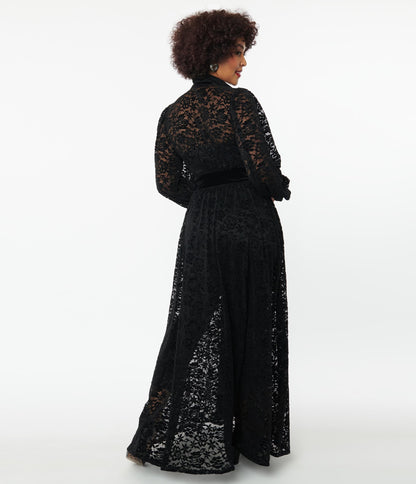 Unique Vintage Black Flocked Lace Hollywood Duster