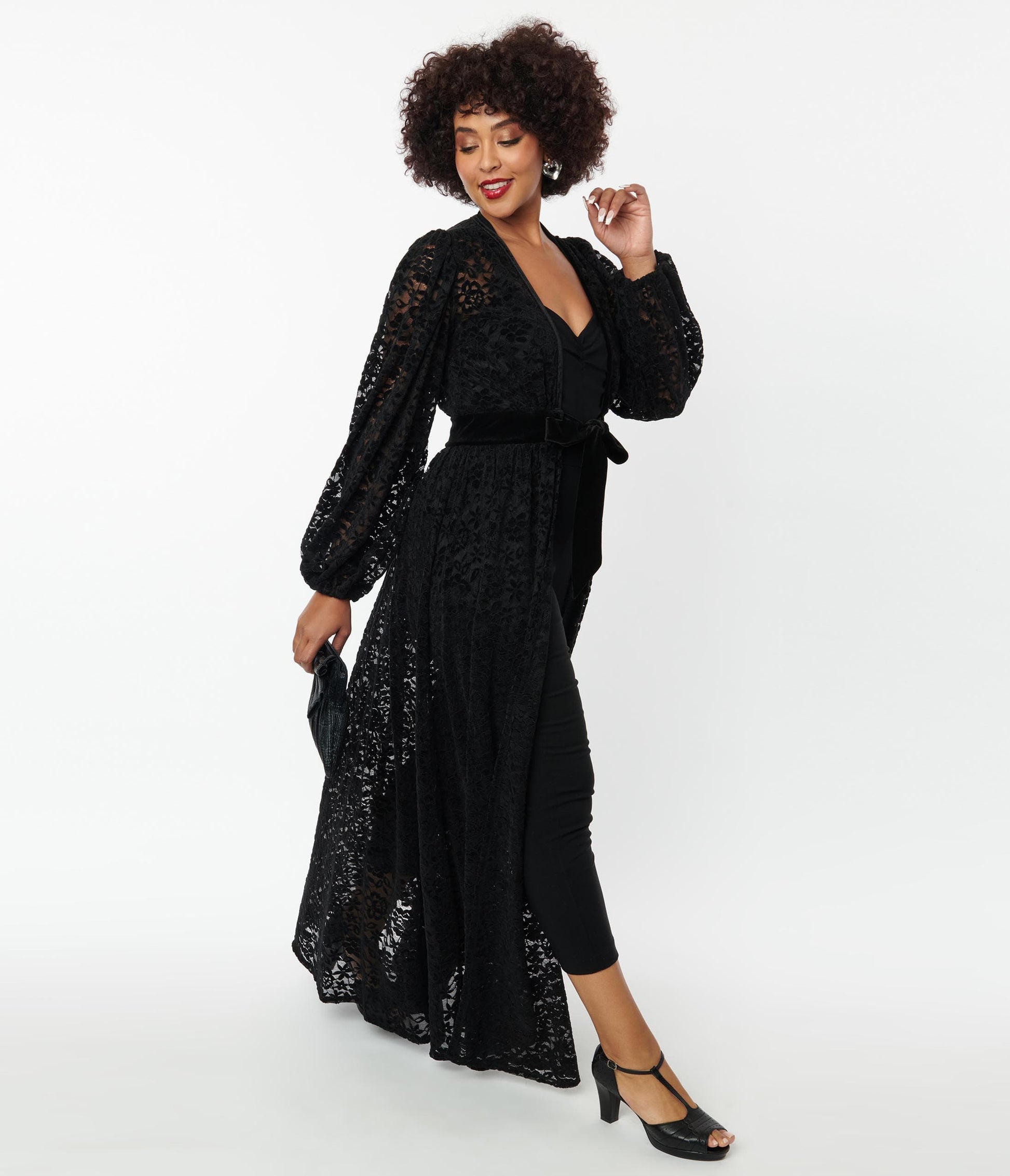 Unique Vintage Black Flocked Lace Hollywood Duster