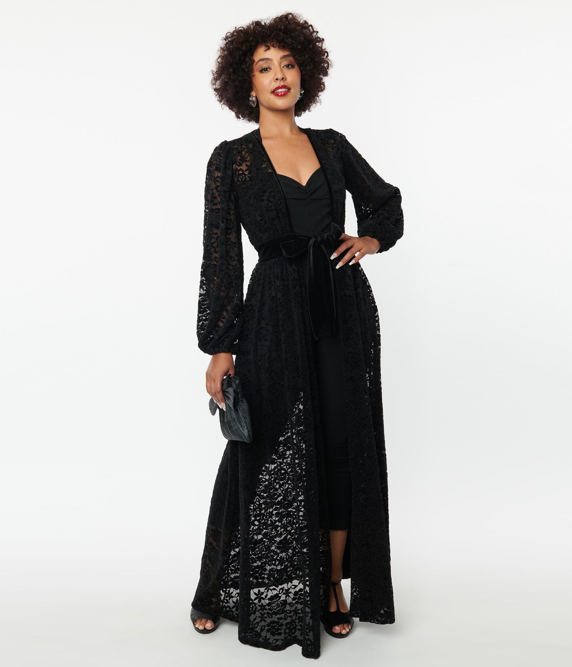 Unique Vintage Black Flocked Lace Hollywood Duster