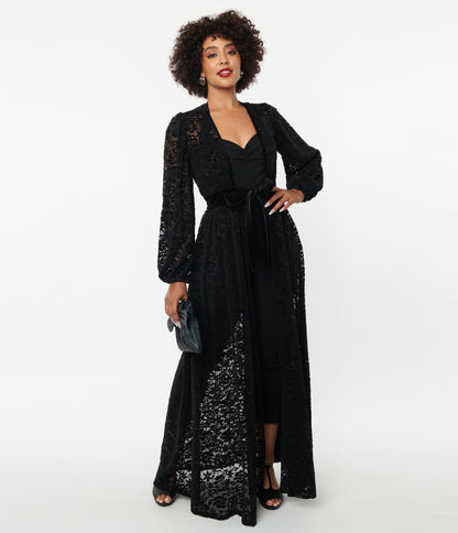Unique Vintage Black Flocked Lace Hollywood Duster