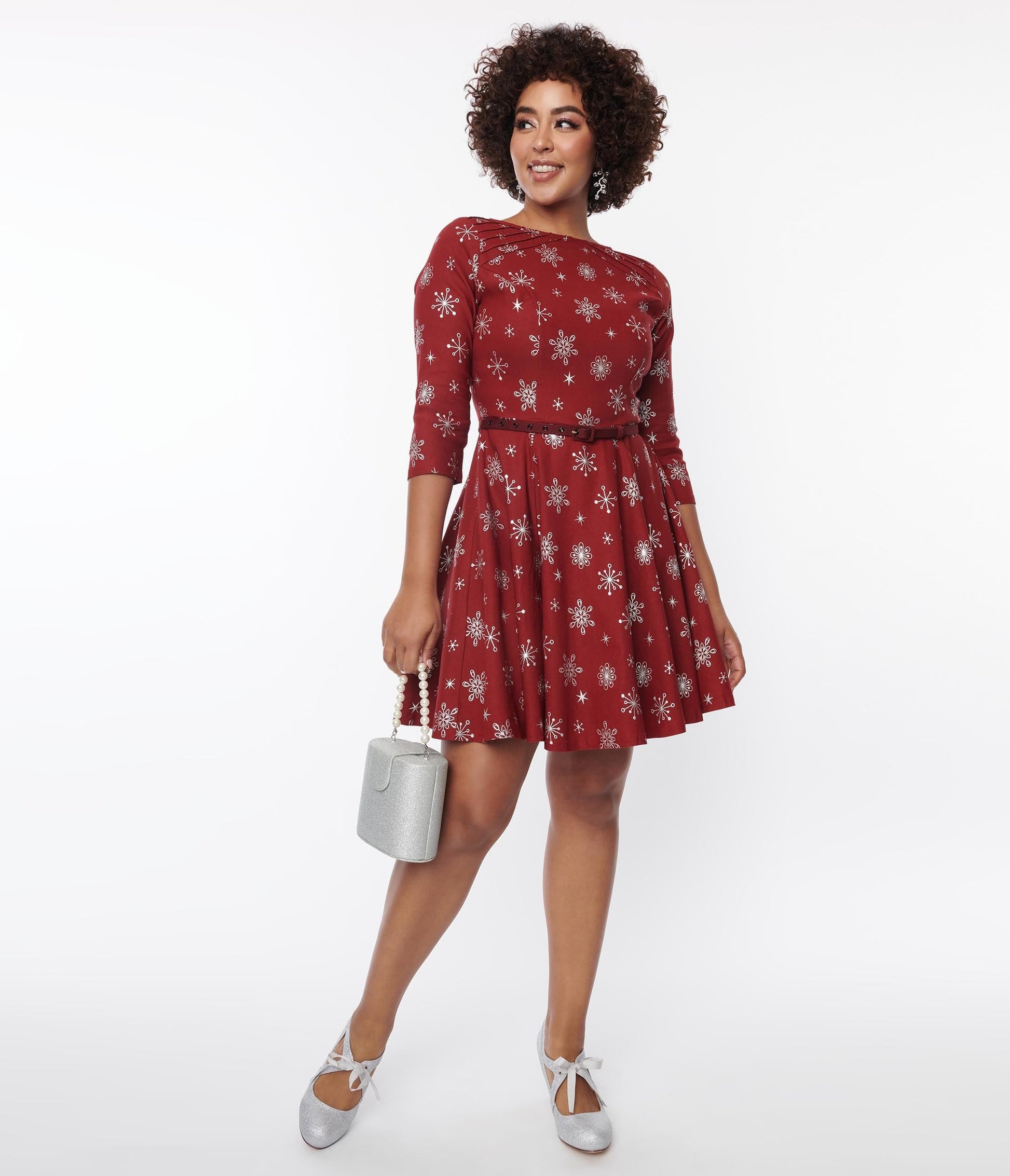 Unique Vintage Burgundy & Silver Snowflake Fit & Flare Dress