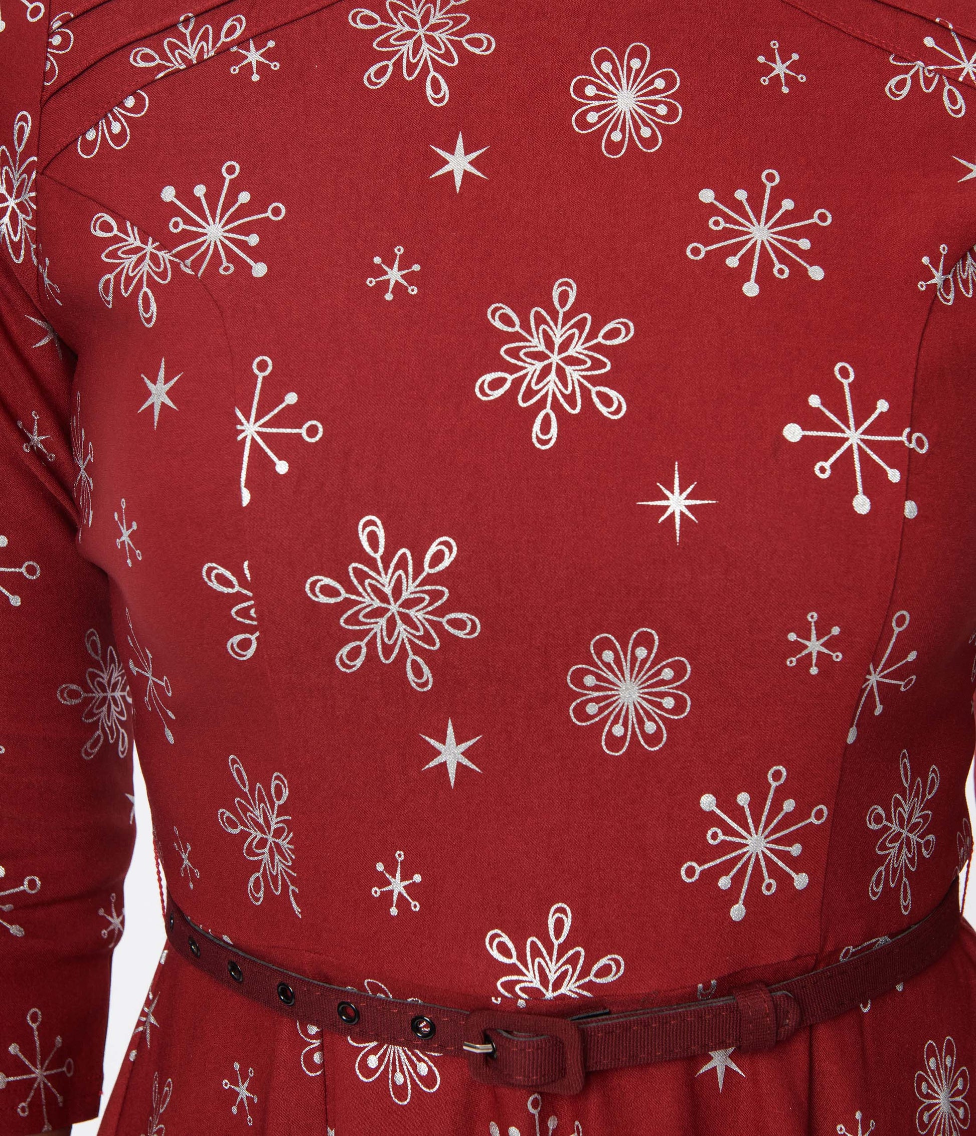 Unique Vintage Burgundy & Silver Snowflake Fit & Flare Dress