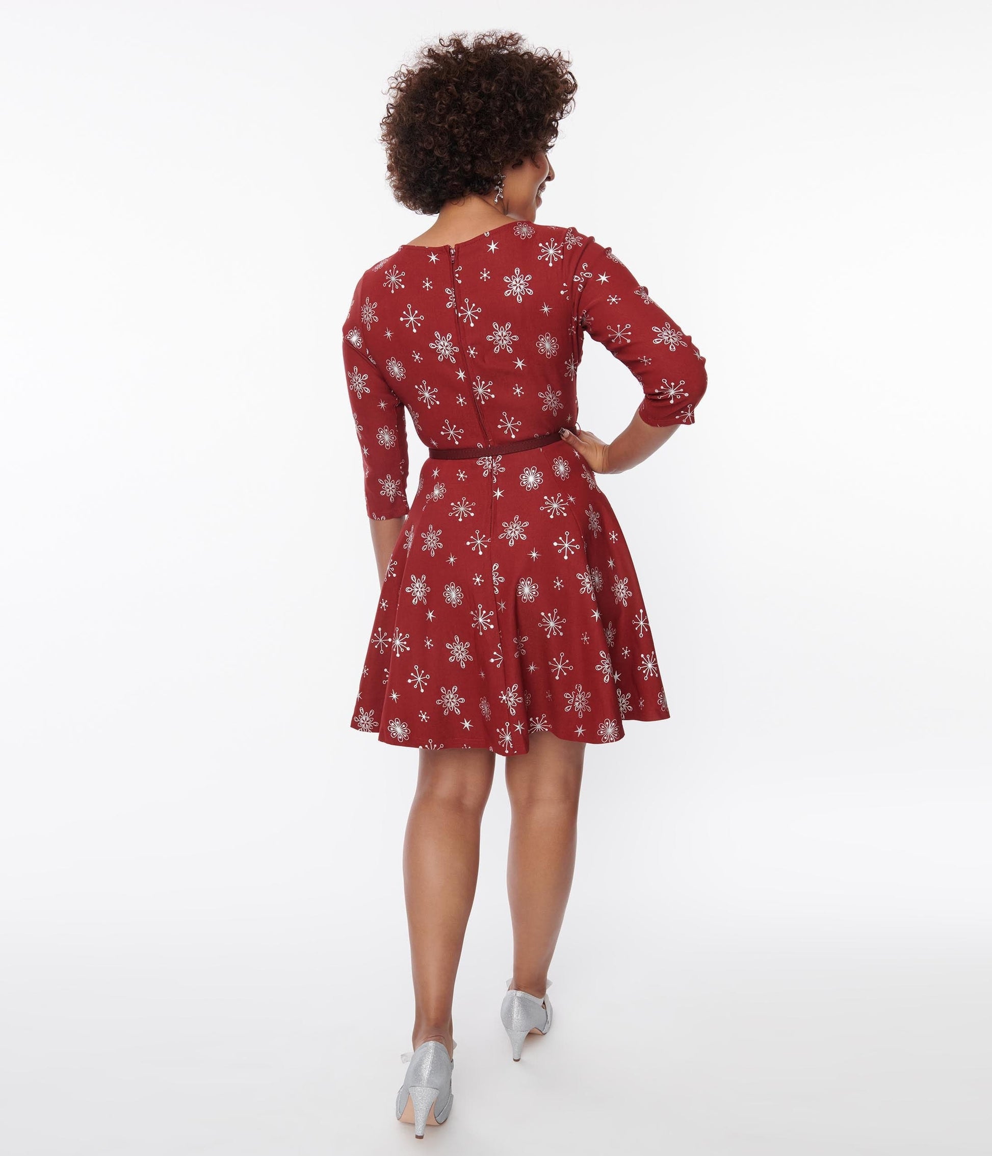 Unique Vintage Burgundy & Silver Snowflake Fit & Flare Dress