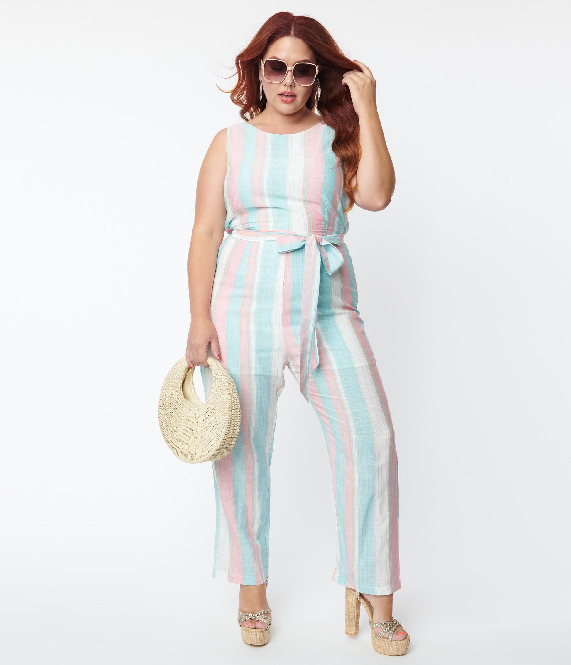 Plus Size Pastel Blue & Pink Stripe Jumpsuit