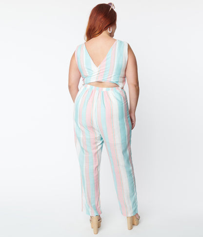 Plus Size Pastel Blue & Pink Stripe Jumpsuit