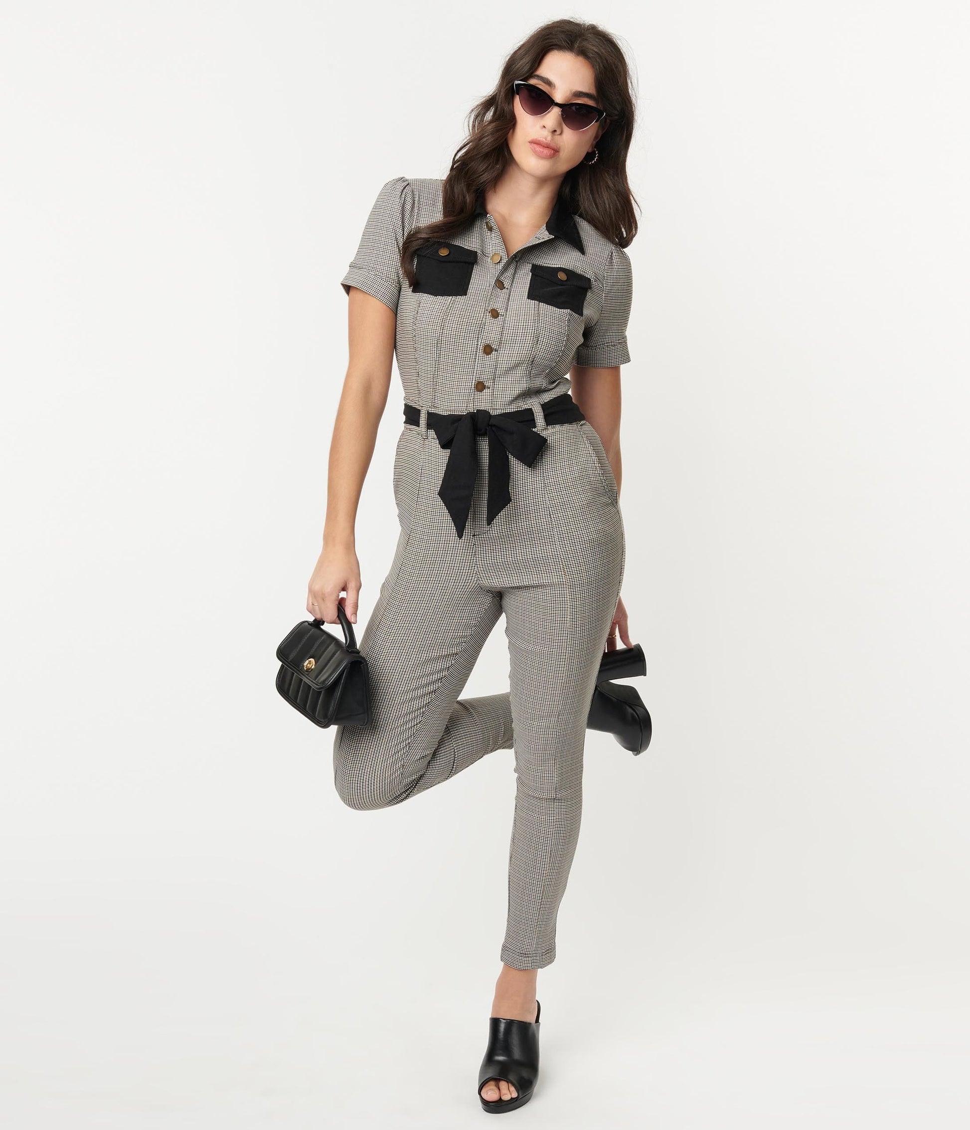Unique Vintage Black & Ivory Plaid Skinny Leg Bexley Jumpsuit