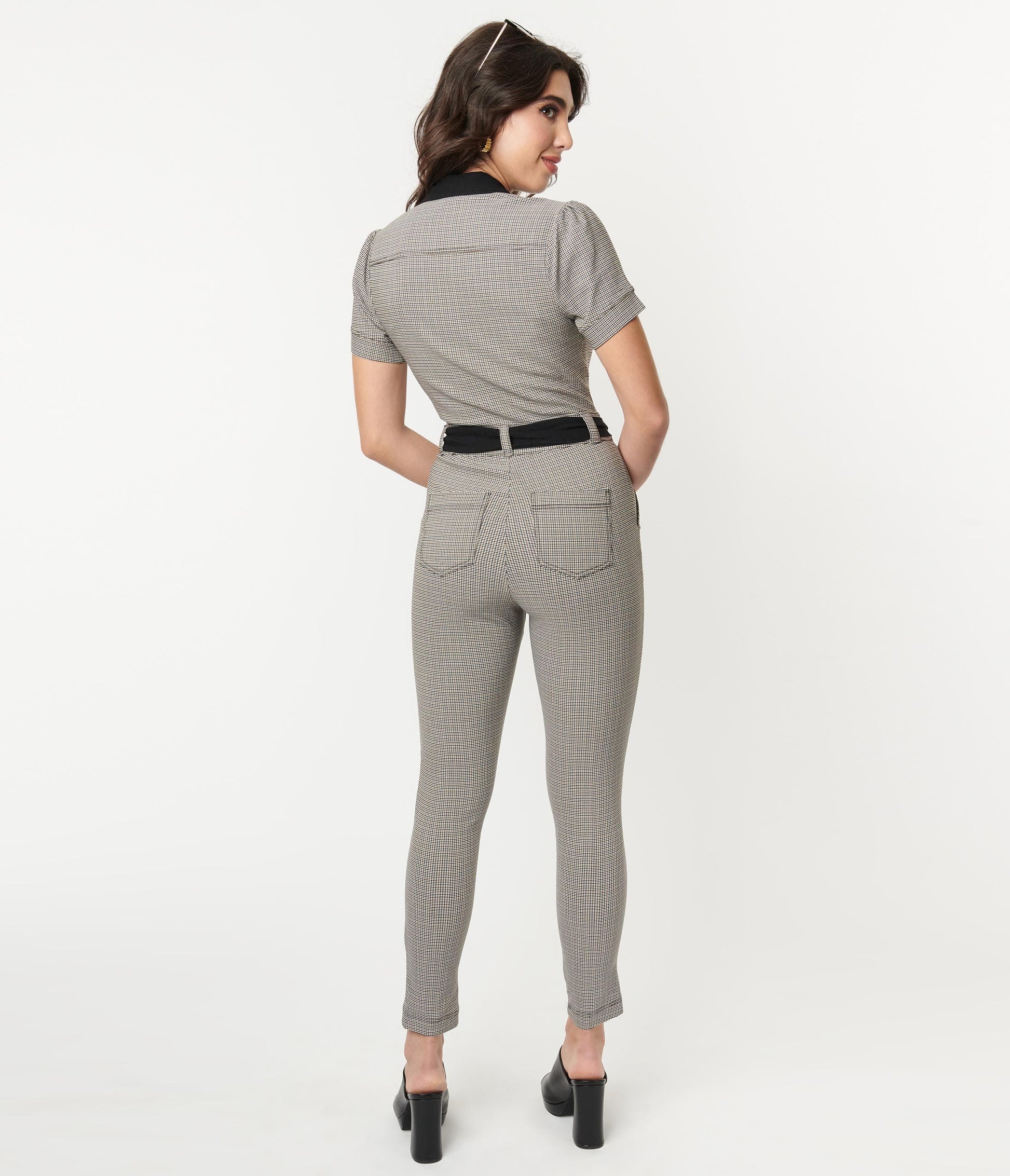 Unique Vintage Black & Ivory Plaid Skinny Leg Bexley Jumpsuit
