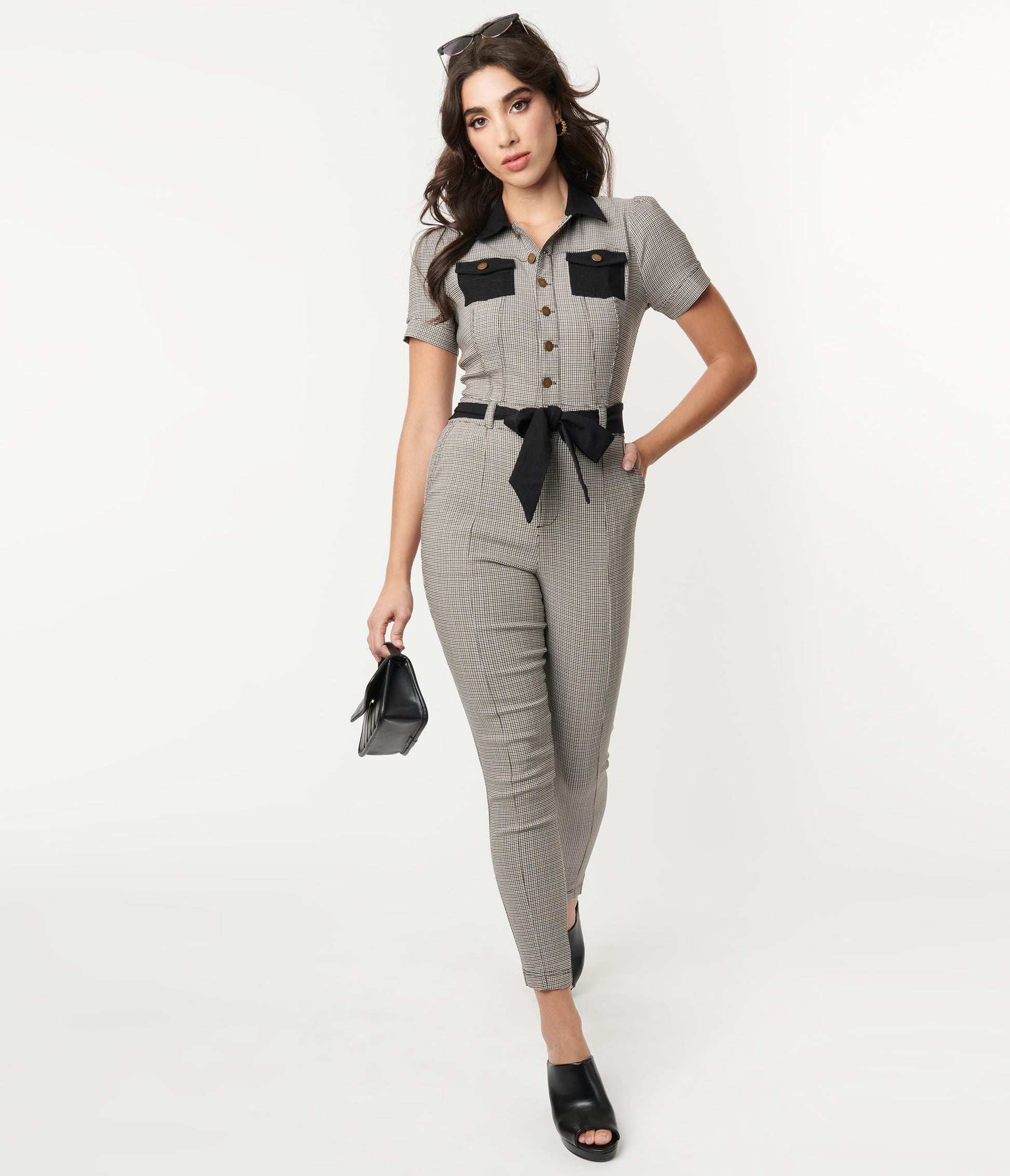 Unique Vintage Black & Ivory Plaid Skinny Leg Bexley Jumpsuit