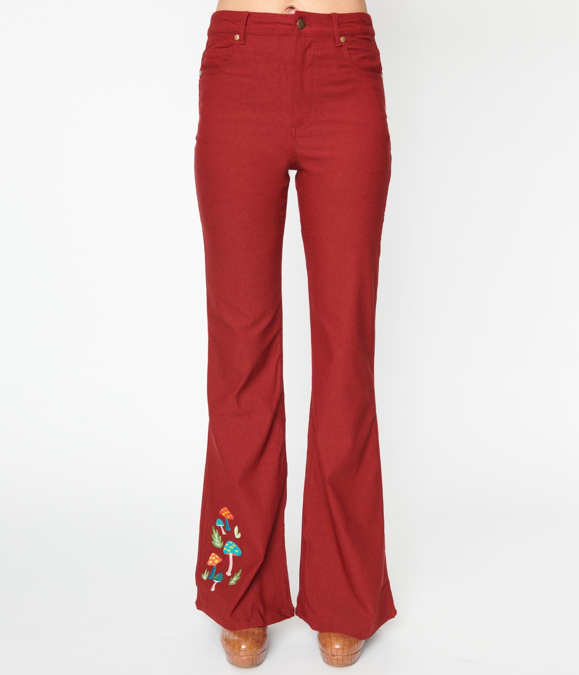 Unique Vintage Burgundy & Mushroom Embroidery Majors Flare Pants