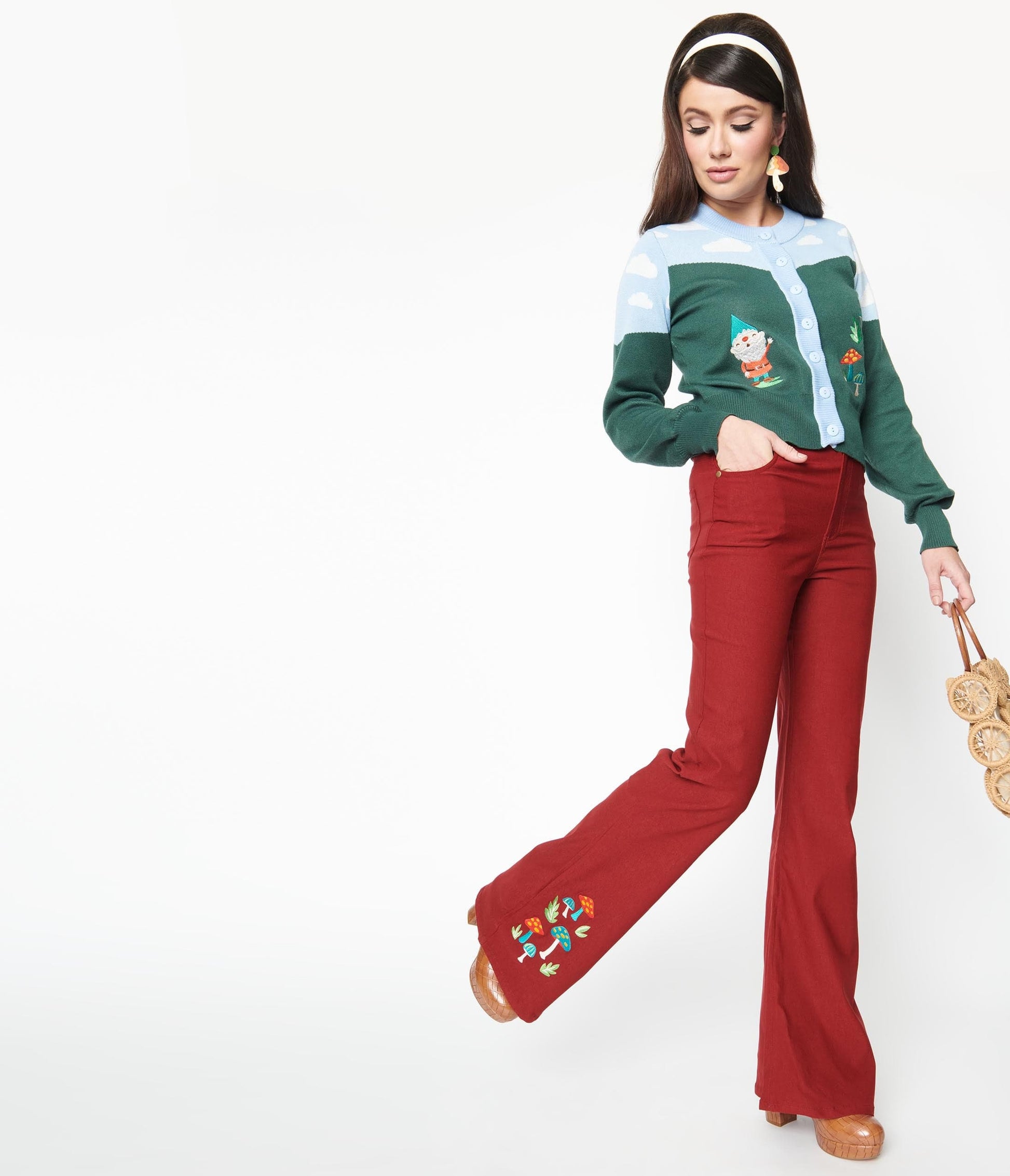 Unique Vintage Burgundy & Mushroom Embroidery Majors Flare Pants