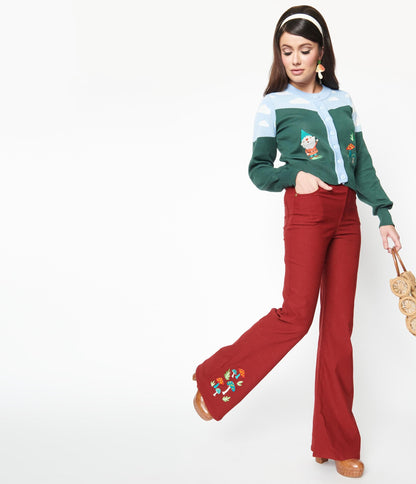 Unique Vintage Burgundy & Mushroom Embroidery Majors Flare Pants