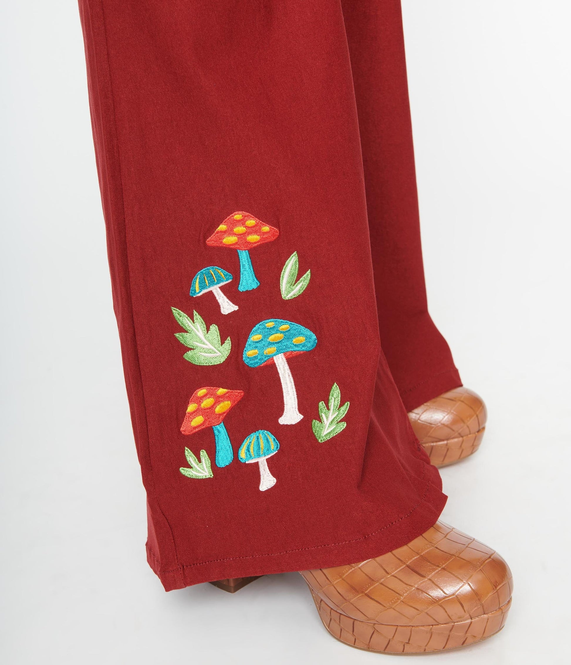Unique Vintage Burgundy & Mushroom Embroidery Majors Flare Pants