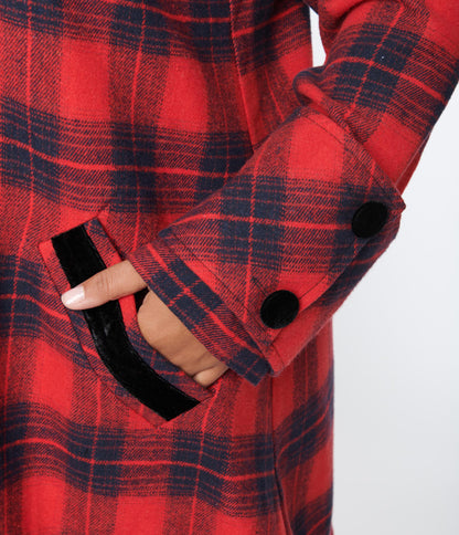 Unique Vintage Plus Size Red & Navy Plaid Peacoat