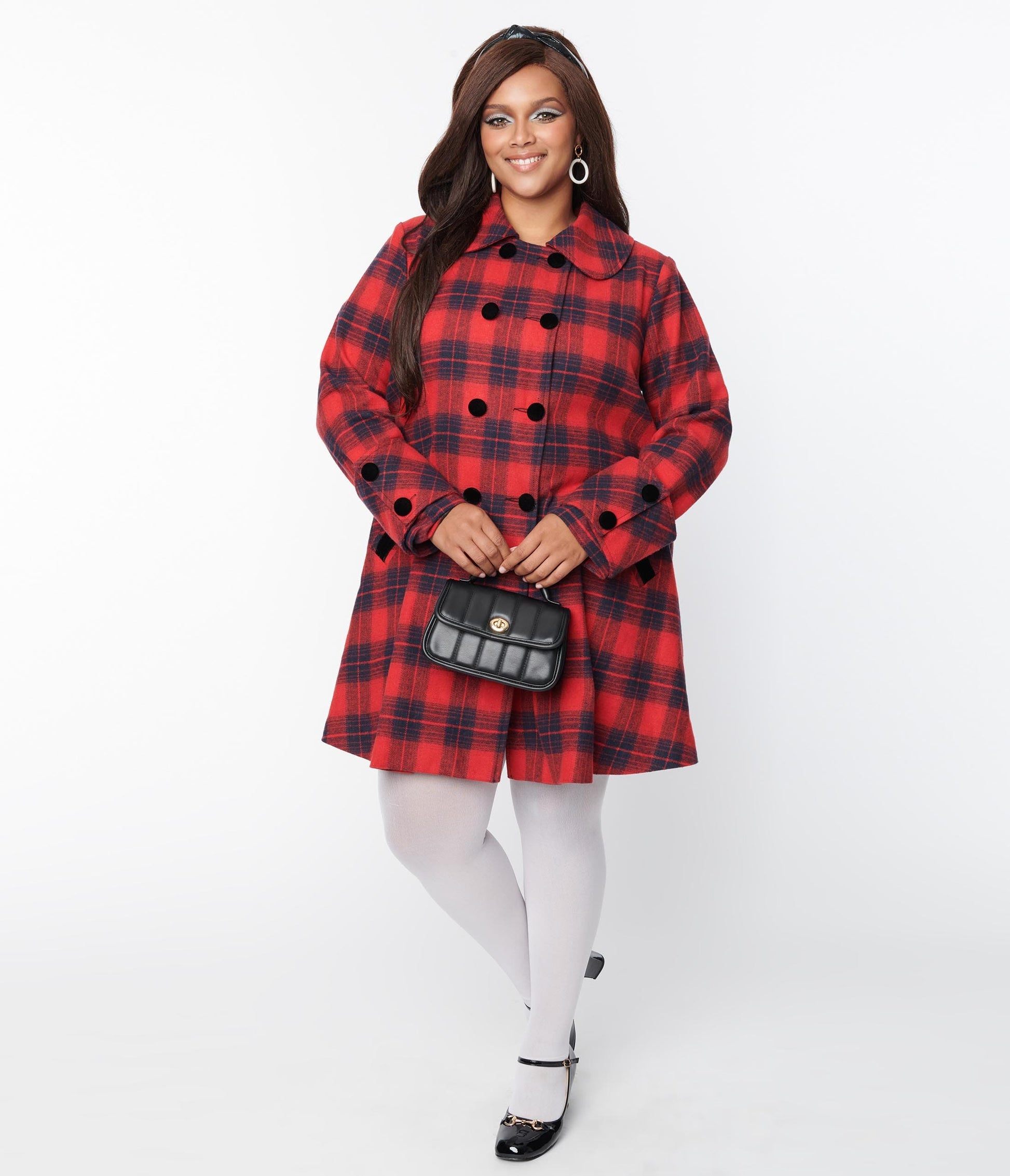 Unique Vintage Plus Size Red & Navy Plaid Peacoat