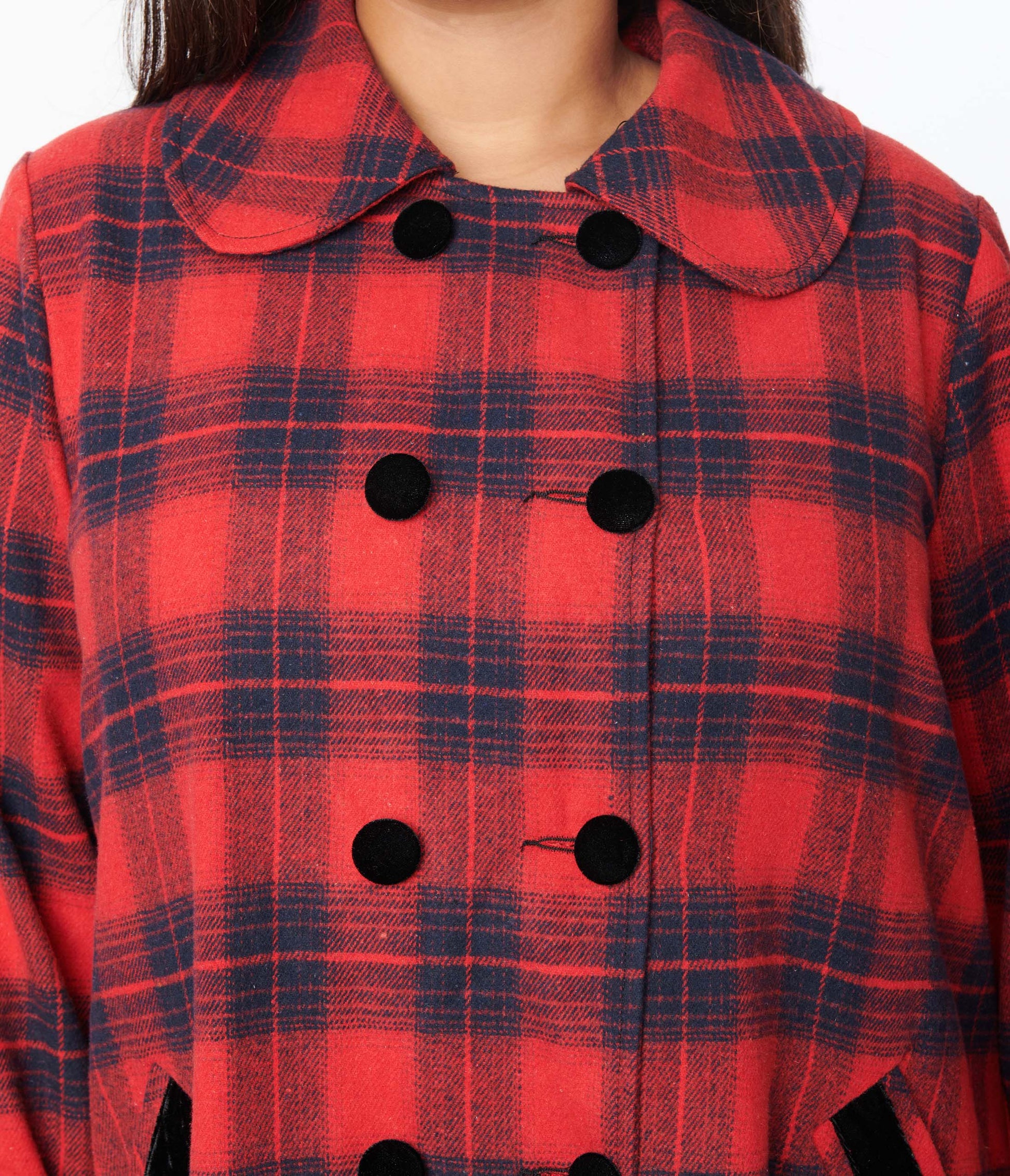 Unique Vintage Plus Size Red & Navy Plaid Peacoat