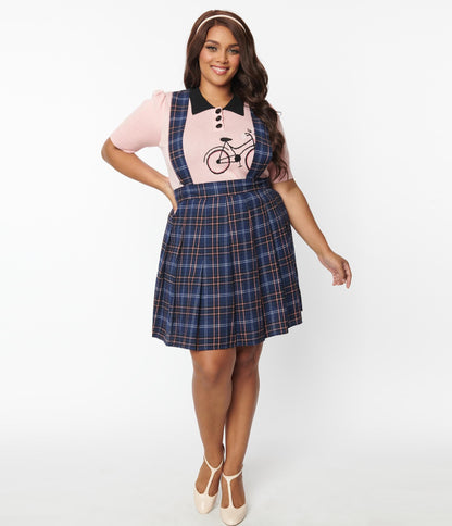 Unique Vintage Plus Size Navy Plaid Pleated Suspender Mini Skirt