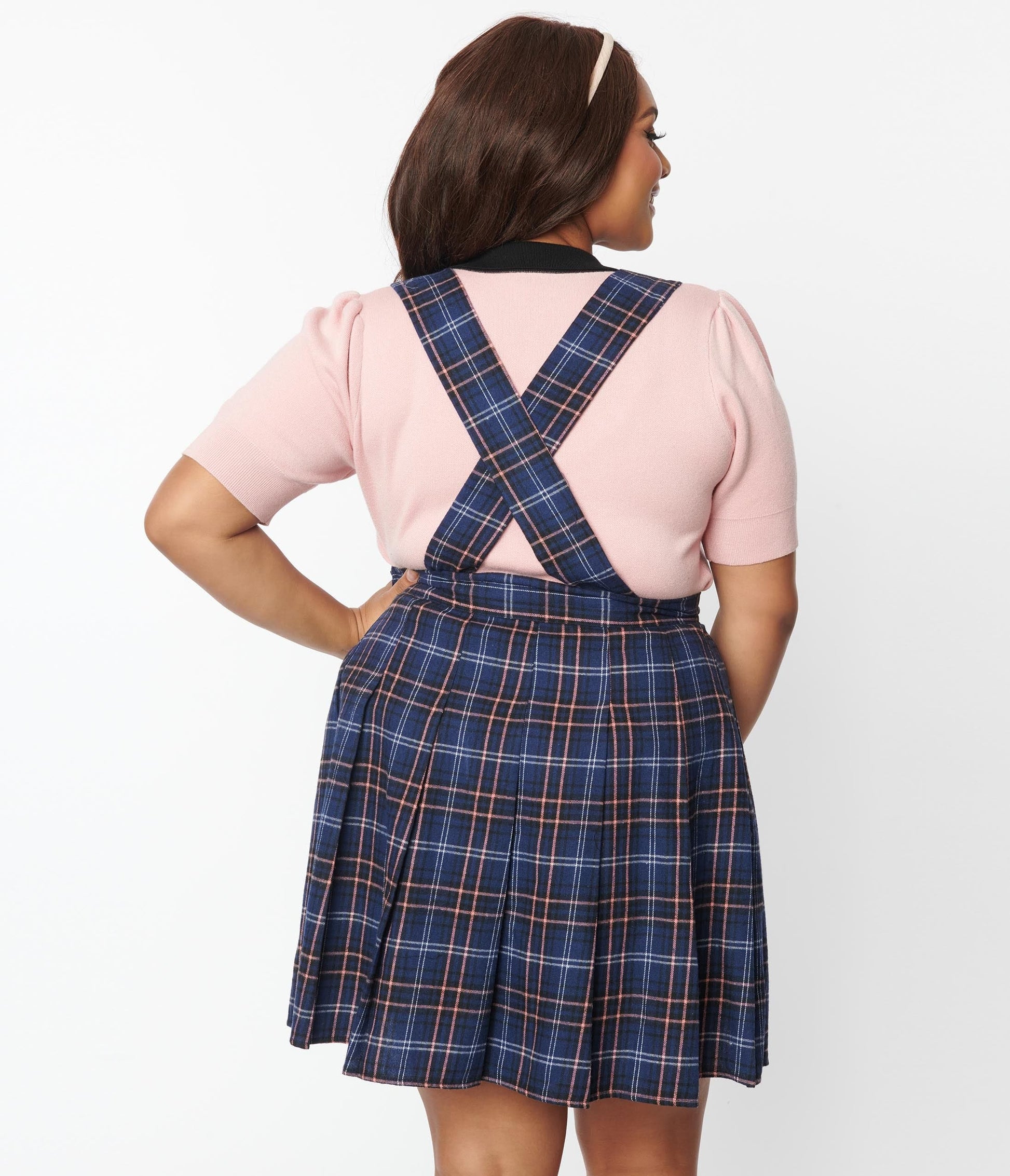 Unique Vintage Plus Size Navy Plaid Pleated Suspender Mini Skirt