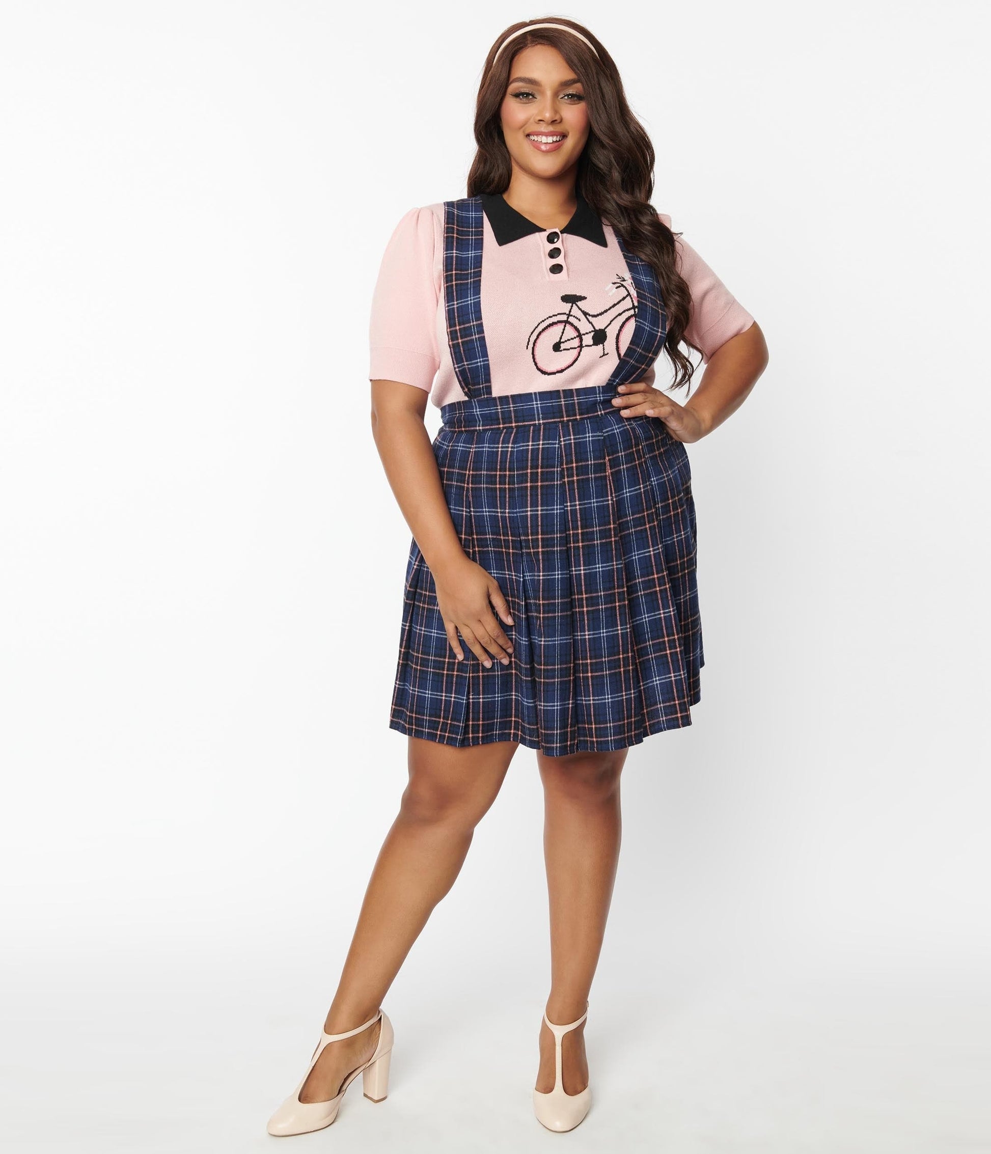 Unique Vintage Plus Size Navy Plaid Pleated Suspender Mini Skirt
