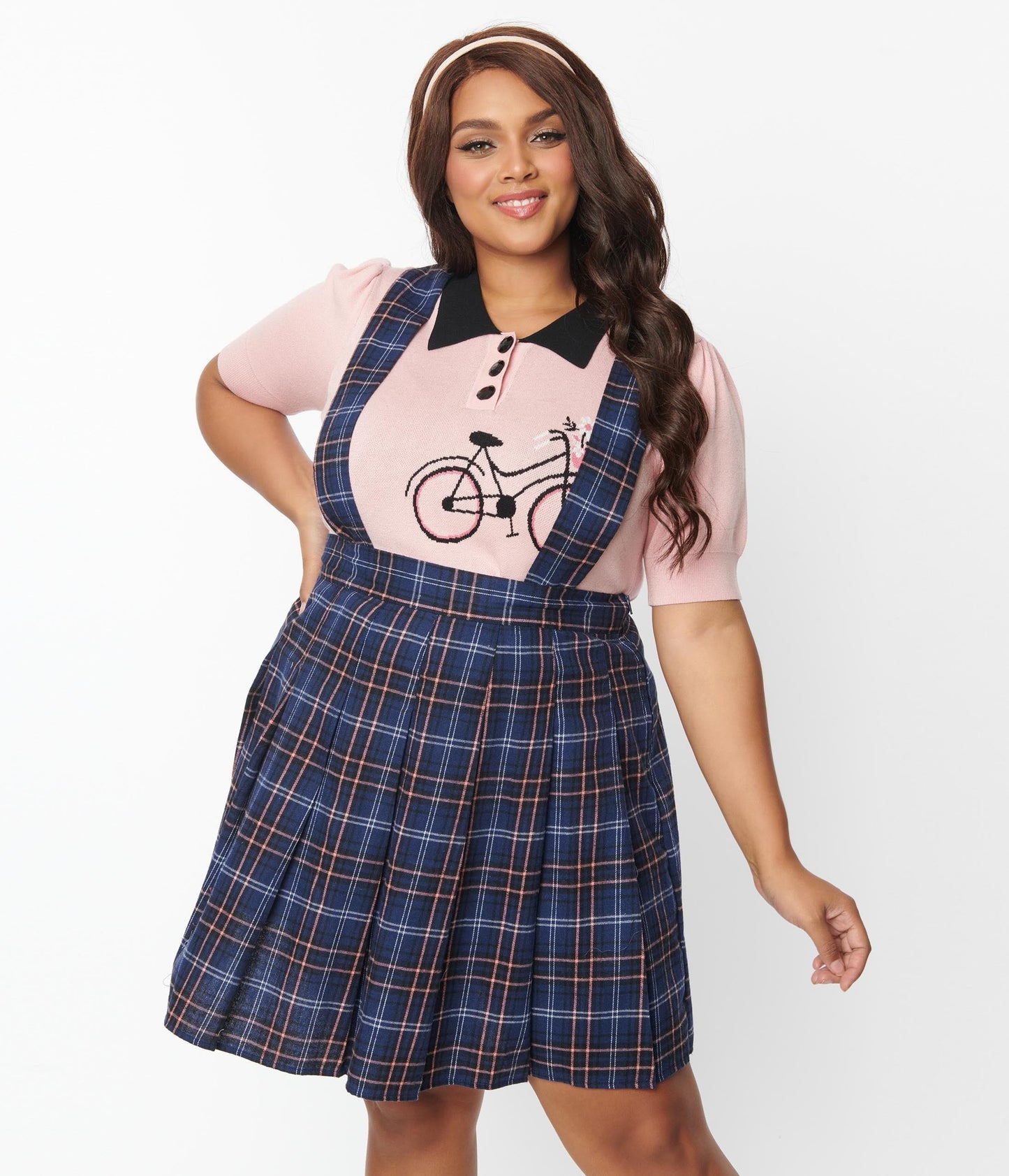 Unique Vintage Plus Size Navy Plaid Pleated Suspender Mini Skirt