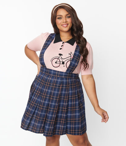 Unique Vintage Plus Size Navy Plaid Pleated Suspender Mini Skirt