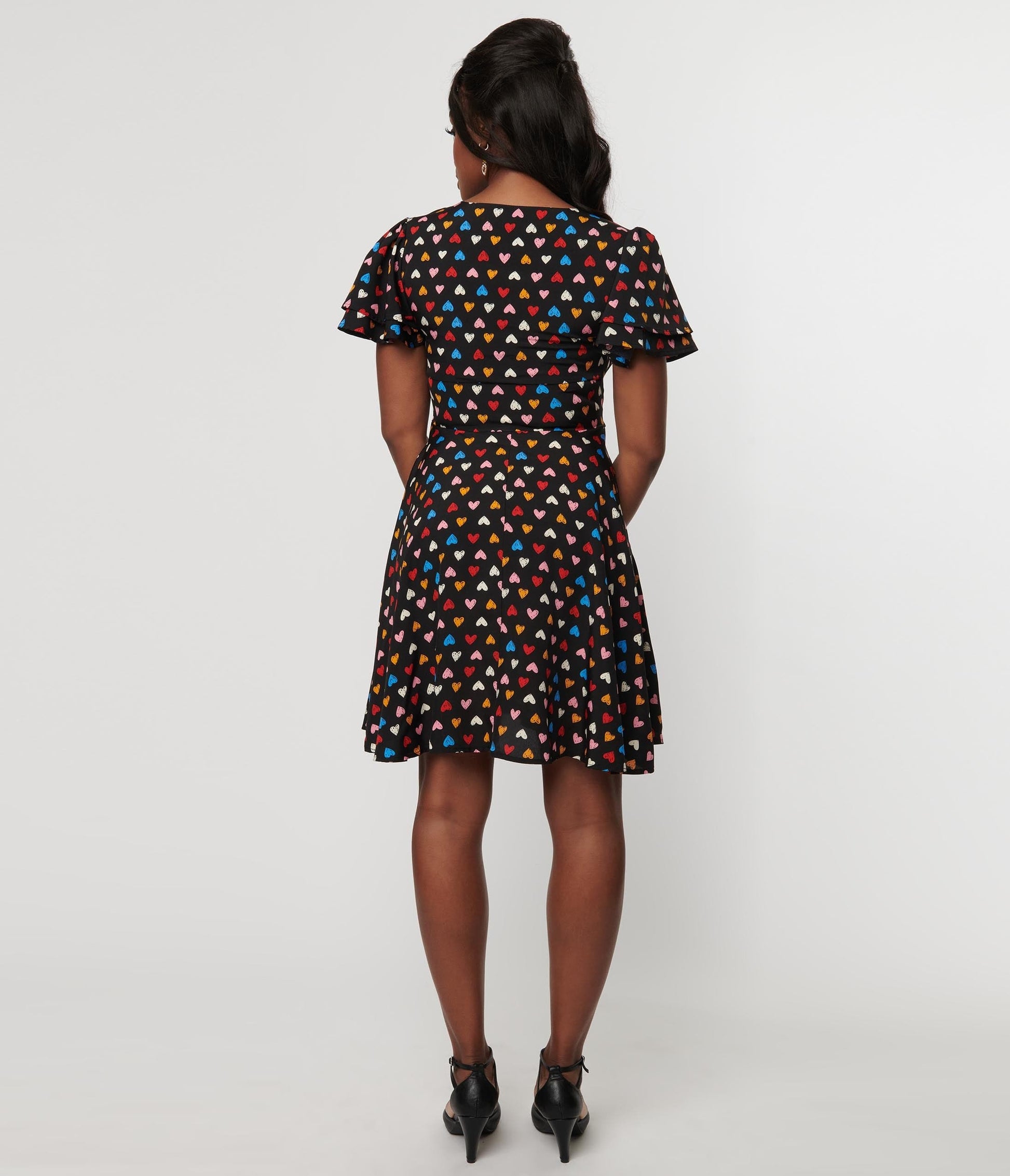 Unique Vintage Black & Multicolor Heart Fit & Flare Dress